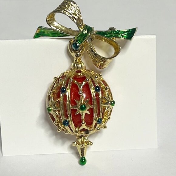VTG Christmas Ball Ornament Brooch Enamel & Acrylic Movable Brooch Pin 1"x2.25 - Picture 2 of 13